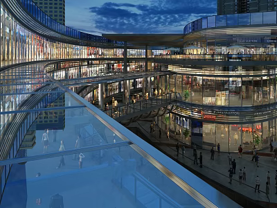 Vibrant Commercial Street Night View With Multi Level Glass Facade Shops Bright Lighting And Pedestrians 3d model