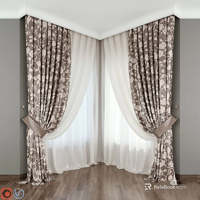 Elegant Brown And White Floral Curtain With Sheer Inner Layer Tiebacks Gray Walls Wooden Floor 3d model 