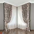 Elegant Brown And White Floral Curtain With Sheer Inner Layer Tiebacks Gray Walls Wooden Floor