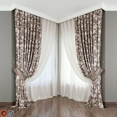 Elegant Brown And White Floral Curtain With Sheer Inner Layer Tiebacks Gray Walls Wooden Floor 3d model