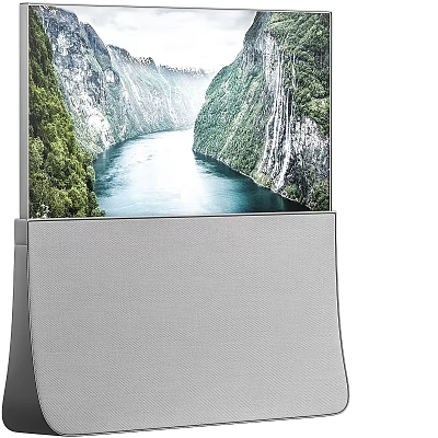 Modern TV Showing Scenic River And Mountain View With Silver Stand 3d model