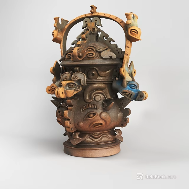 Intricately Carved Ceramic Vessel With Multiple Animal Faces And Brown Blue Tones 3d model 