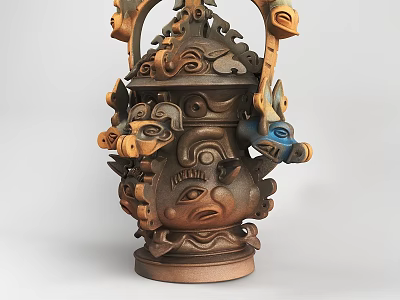 Intricately Carved Ceramic Vessel With Multiple Animal Faces And Brown Blue Tones 3d model