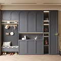 Modern Gray Shoe Cabinet with Multiple Doors Storage Bench and Decorative Items 3d model