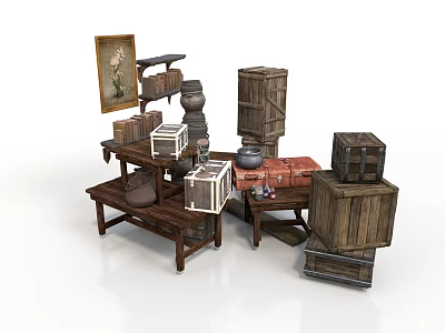 Vintage Rustic Wooden Storage Boxes And Furniture With Shelves Table Display Scene 3d model