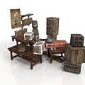 Vintage Rustic Wooden Storage Boxes And Furniture With Shelves Table Display Scene
