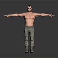 Shirtless Man With Camouflage Pants And Boots Standing With Arms Outstretched Against Gray Background