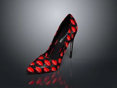 Stylish Black High Heels With Red Lips Pattern And Stiletto Heel Design 3d model