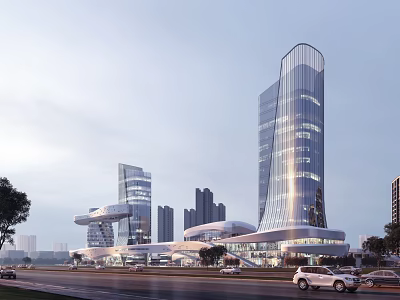 Modern Commercial Street With High Rise Buildings Glass Curtain Walls And Roads With Cars 3d model