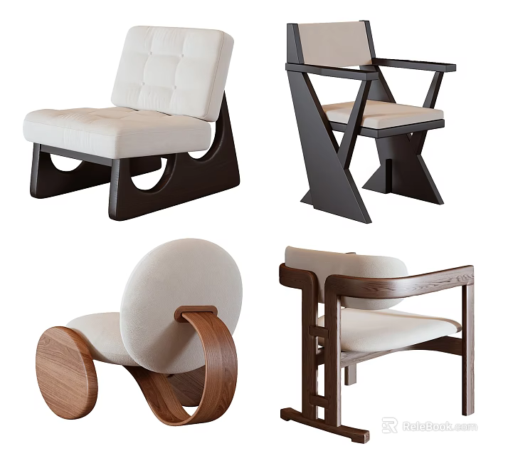 Modern Leisure Chairs With Wooden Frames And Upholstered Seats In Various Designs 3d model