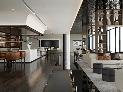 Modern Hotel Lobby Interior With Sofas Chairs Bookshelves And Large Windows 3d model
