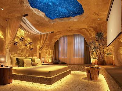 Cave Style Hotel Room With Starry Ceiling Soft Lighting Projection Screen And Plants 3d model