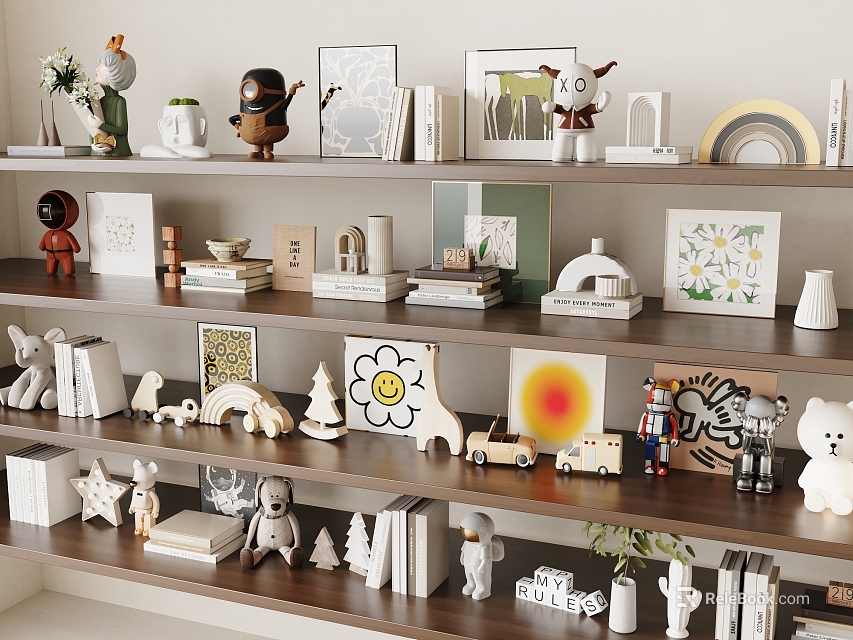Diverse Decorative Ornament Combination On Shelves With Figures Frames Vases Books And Paintings 3d model 