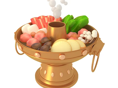 Golden Hot Pot With Fresh Sliced Meat Vegetables Mushrooms And Steaming Ingredients 3d model