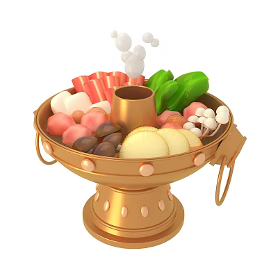 Golden Hot Pot With Fresh Sliced Meat Vegetables Mushrooms And Steaming Ingredients 3d model