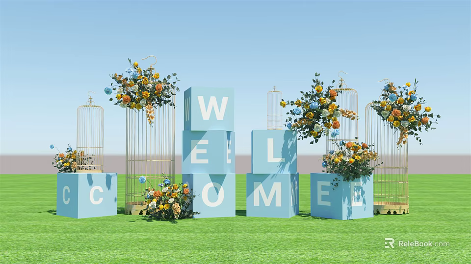 Outdoor Welcome Setup With Blue 3D WELCOME Letters Flower Arrangements Birdcages On Green Grass 3d model