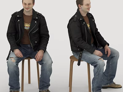 Man Sitting On Chair Wearing Black Leather Jacket Brown T-Shirt Ripped Jeans And Brown Shoes 3d model