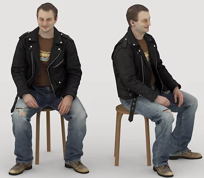 Man Sitting On Chair Wearing Black Leather Jacket Brown T-Shirt Ripped Jeans And Brown Shoes 3d model