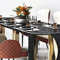 Luxury Dining Table Set With Black Marble Top Gold Accents And Red Upholstered Chairs