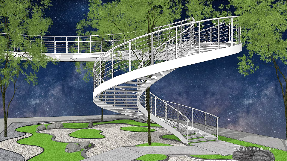Spiral Landscape Bridge Surrounded by Trees with Starry Sky Background and Stone Path Green Lawn 3d model 
