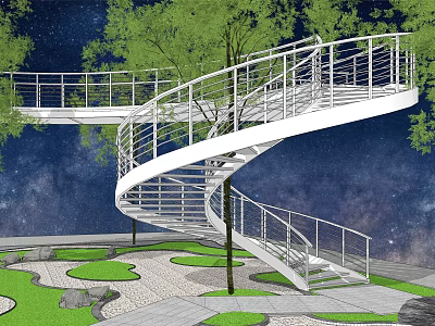 Spiral Landscape Bridge Surrounded by Trees with Starry Sky Background and Stone Path Green Lawn 3d model