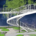 Spiral Landscape Bridge Surrounded by Trees with Starry Sky Background and Stone Path Green Lawn