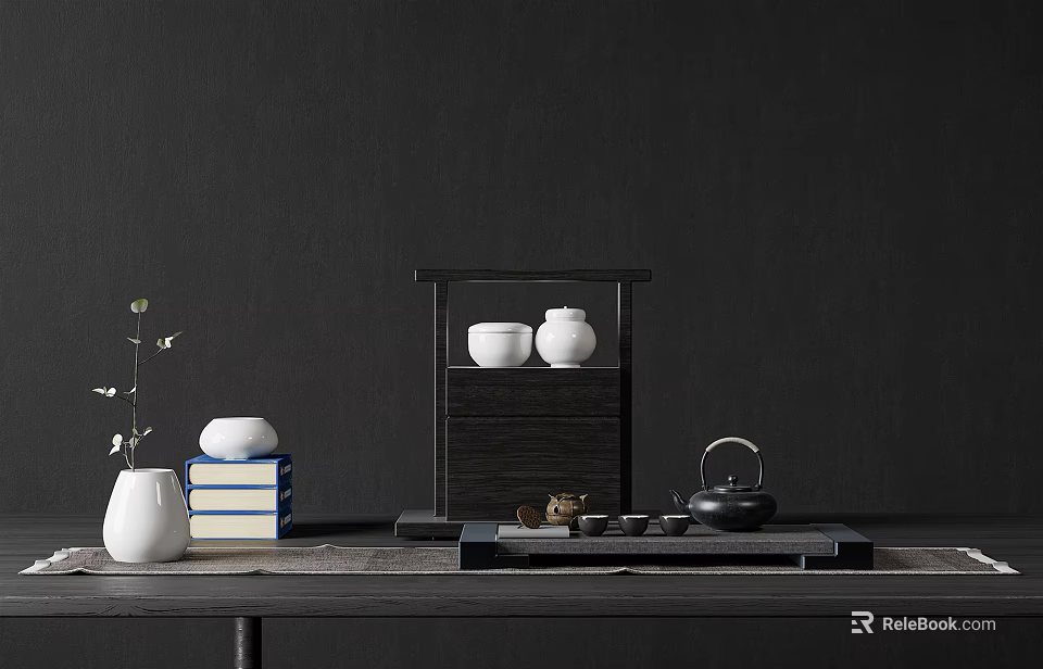 Minimalist Tea Set Display With Black Teapot White Cups Tray And Wooden Shelf 3d model 