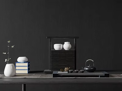 Minimalist Tea Set Display With Black Teapot White Cups Tray And Wooden Shelf 3d model