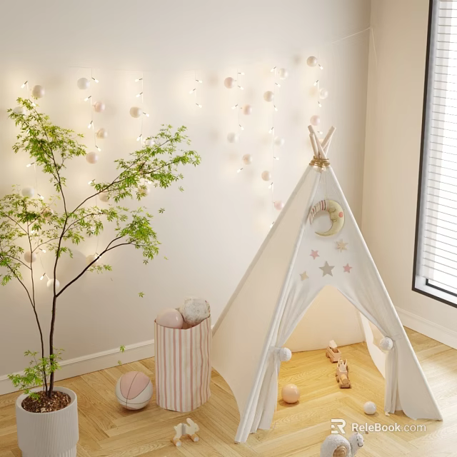 Kids White Teepee with Star and Moon Patterns and String Lights in Playroom 3d model 
