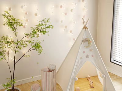 Kids White Teepee with Star and Moon Patterns and String Lights in Playroom 3d model