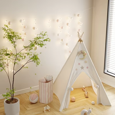 Kids White Teepee with Star and Moon Patterns and String Lights in Playroom 3d model
