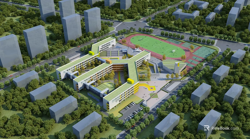 Modern Interconnected School Building With Sports Field Greenery And Parking Area In Urban Environment 3d model 