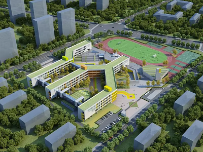 Modern Interconnected School Building With Sports Field Greenery And Parking Area In Urban Environment 3d model