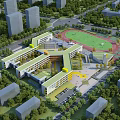 Modern Interconnected School Building With Sports Field Greenery And Parking Area In Urban Environment