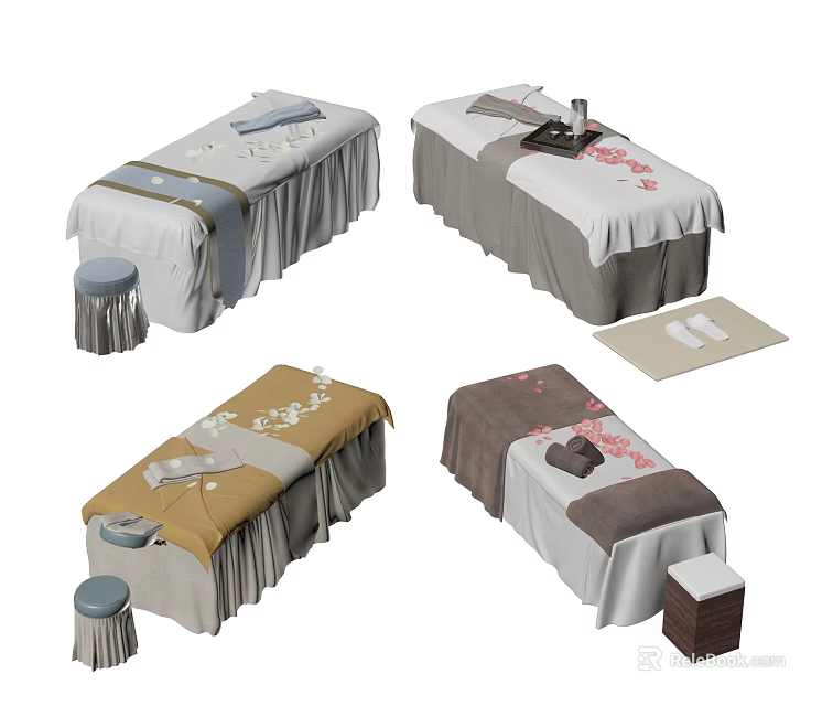 Comfortable Massage Beds With Colored Bedspreads Stools Towels And Decorative Patterns 3d model 