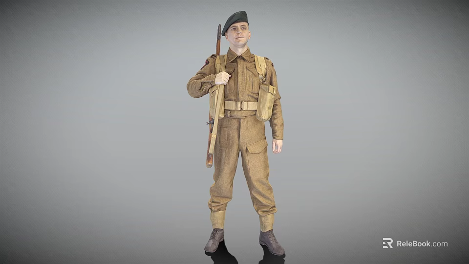 Soldier In Brown Military Uniform Holding Rifle With Belt And Ammunition Pouches 3d model 