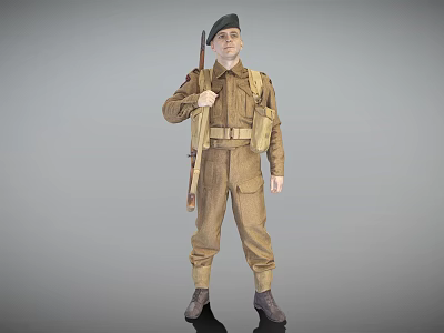 Soldier In Brown Military Uniform Holding Rifle With Belt And Ammunition Pouches 3d model