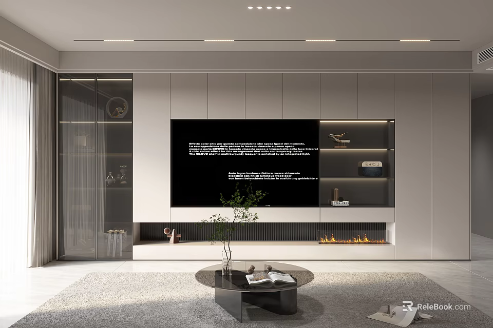 Modern TV Wall Design With Cabinets Open Shelves And Ambient Lighting 3d model 