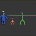 Blue Character with Yellow Crown Red Small Creature and Green Long Armed Figure