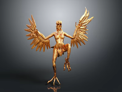 Detailed Golden Mythical Humanoid Sculpture With Outstretched Wings And Claws 3d model