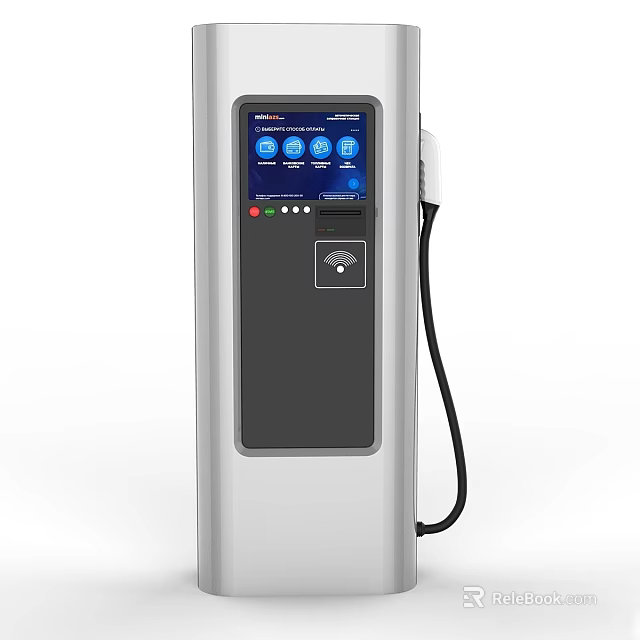 Electric Vehicle Charger With Silver Body Black Panel Display Screen And Charging Cable 3d model 