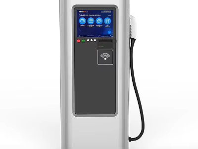 Electric Vehicle Charger With Silver Body Black Panel Display Screen And Charging Cable 3d model