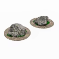 Two Natural Stone Decorative Pieces With Wooden Bases And Green Grass Pebble Surroundings