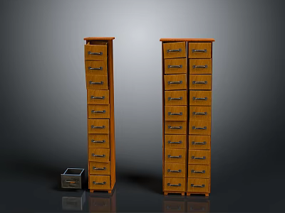 Tall Brown Wooden Drawer Cabinets With Multiple Drawers And Small Metal Chest 3d model