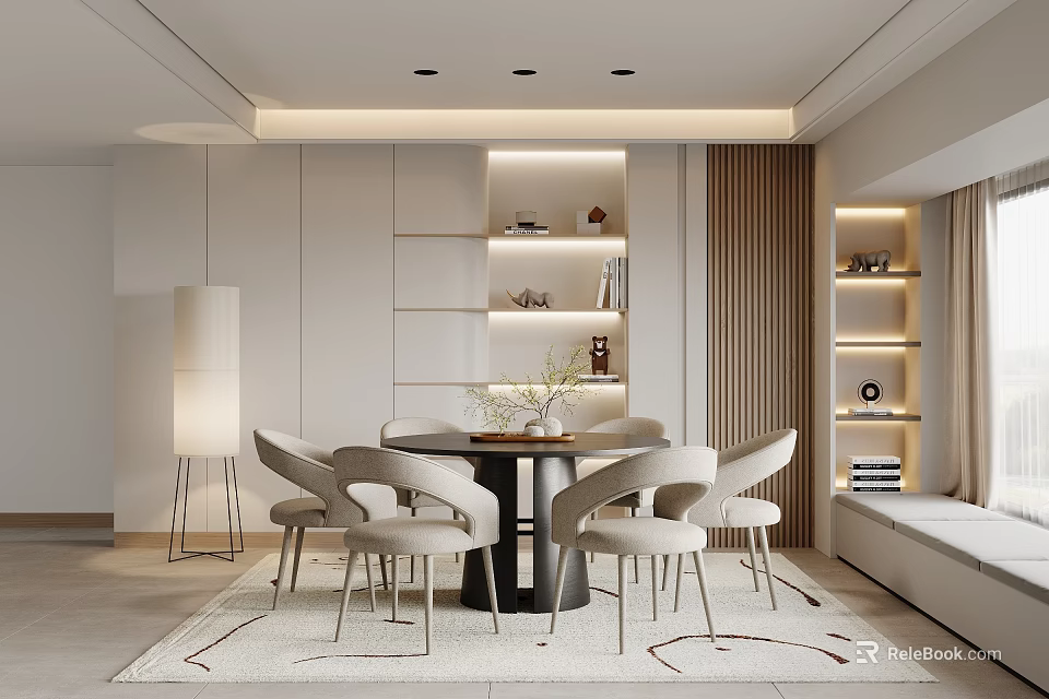 Modern Restaurant Dining Space With Round Table White Chairs White Cabinets And Soft Lighting 3d model