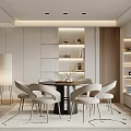 Modern Restaurant Dining Space With Round Table White Chairs White Cabinets And Soft Lighting 3d model