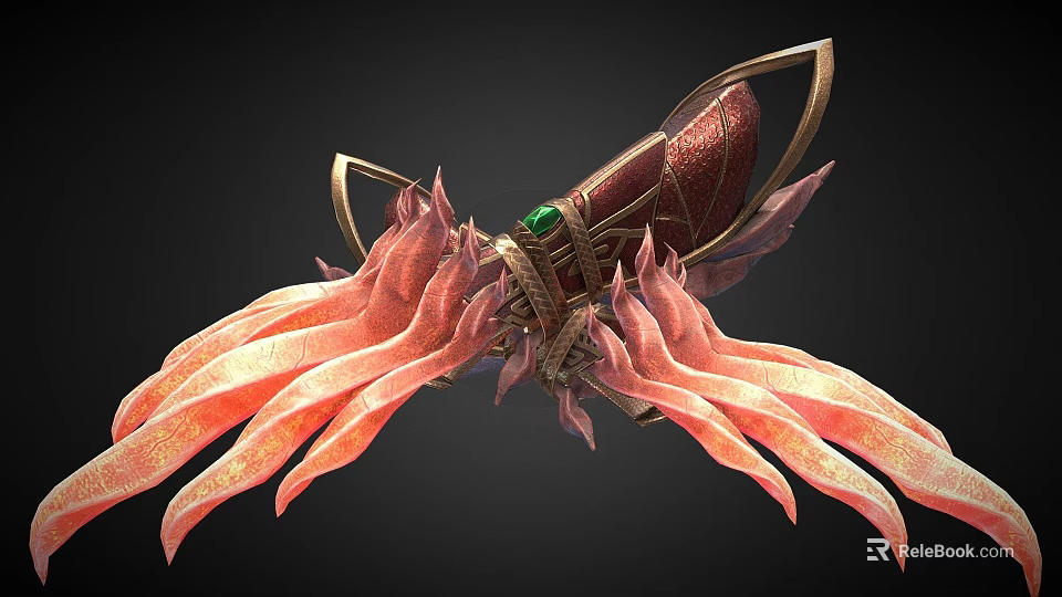 Mythical Fantasy Weapon With Flame Like Structures Green Gemstone And Golden Accents 3d model 