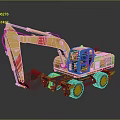 Construction Yellow Wheeled Excavator With Red Stripes Cab Bucket And Wheels