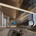 Modern Lobby Interior With Waterfall Backdrop Circular Decor Sofa And Marble Floor