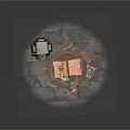 Wooden Round Desk With Open Book Tools And Lighted Column In Fantasy Cave Setting